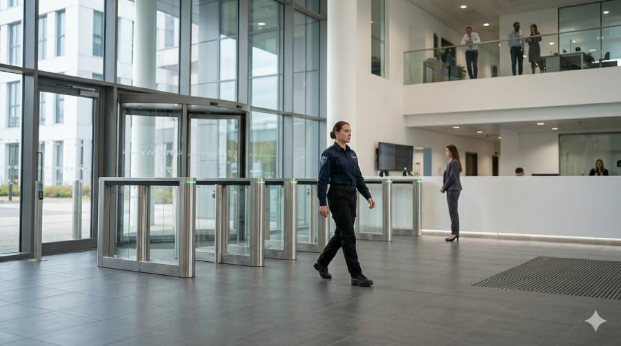 Agent de s&eacute;curit&eacute; effectuant une ronde et assurant le contr&ocirc;le des acc&egrave;s dans un immeuble de bureaux