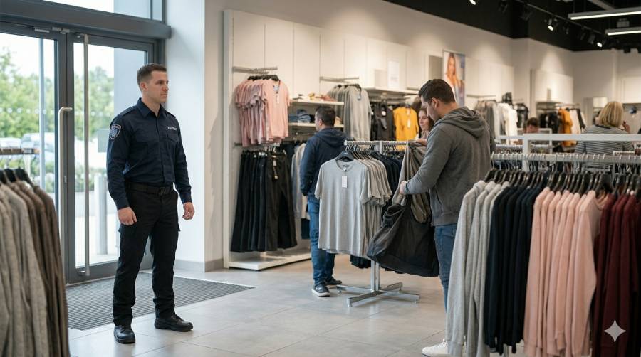 Agent de s&eacute;curit&eacute; assurant la surveillance et la pr&eacute;vention des vols dans un magasin de pr&ecirc;t-&agrave;-porter