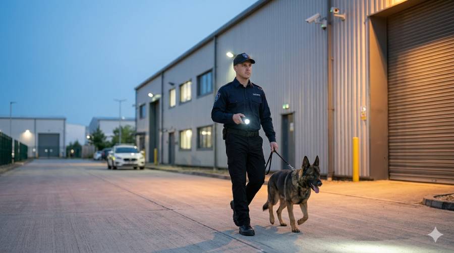 Agent de s&eacute;curit&eacute; cynophile en train d'effectuer une ronde &agrave; l'ext&eacute;rieur d'un b&acirc;timent avec son chien et une torche &agrave; la maiin