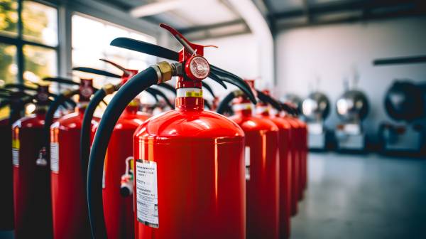 Obligations des entreprises en sécurité incendie avec Heure et Ka sécurité Gros plan sur la révision des extincteurs pour incendie dans une usine.