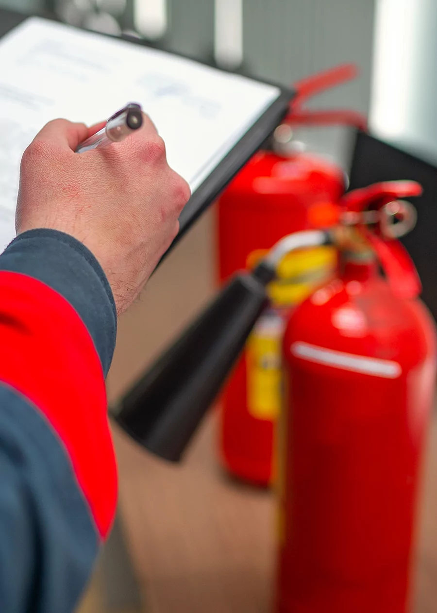 Agent de sécurité incendie en train d'inspecter des extincteurs